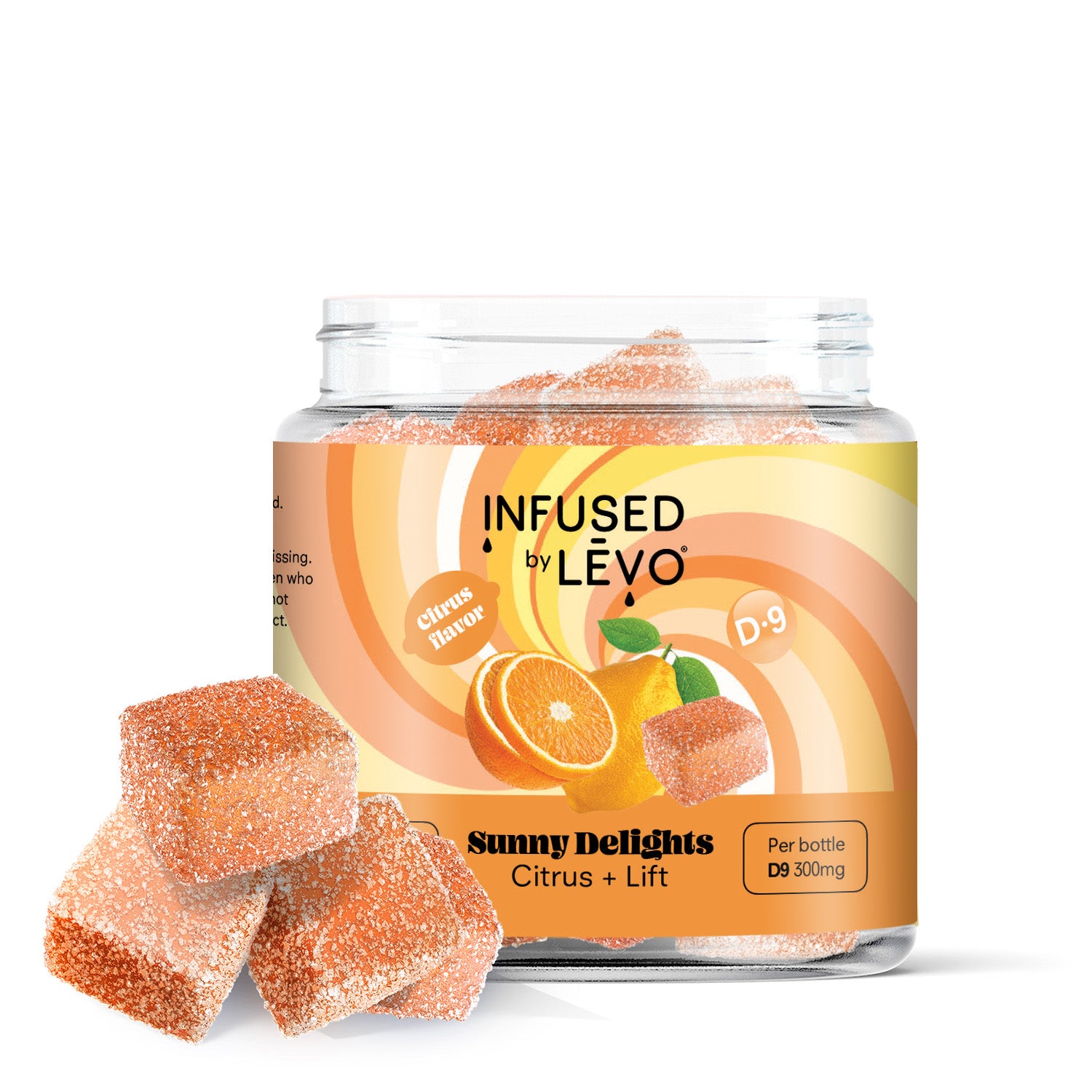 Infused by LEVO Sunny Delights Gummies with D-9. Open bottle with group of gummies.