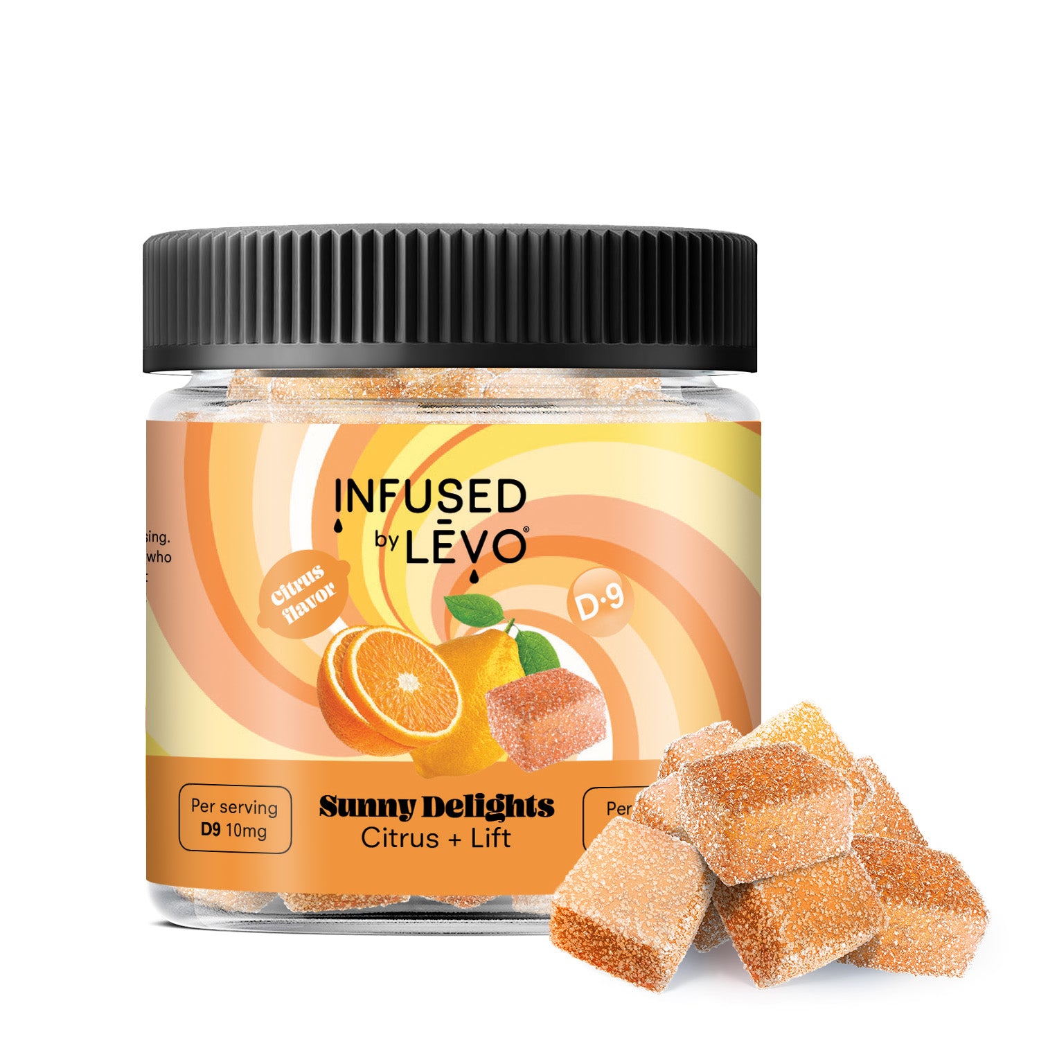 Infused by LEVO Sunny Delights Gummies with D-9. Closed bottle with group of gummies.