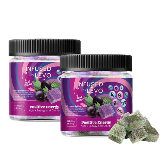 Infused by LEVO Positive Energy Gummies acai flavored for energy and clarity. Two bottles.