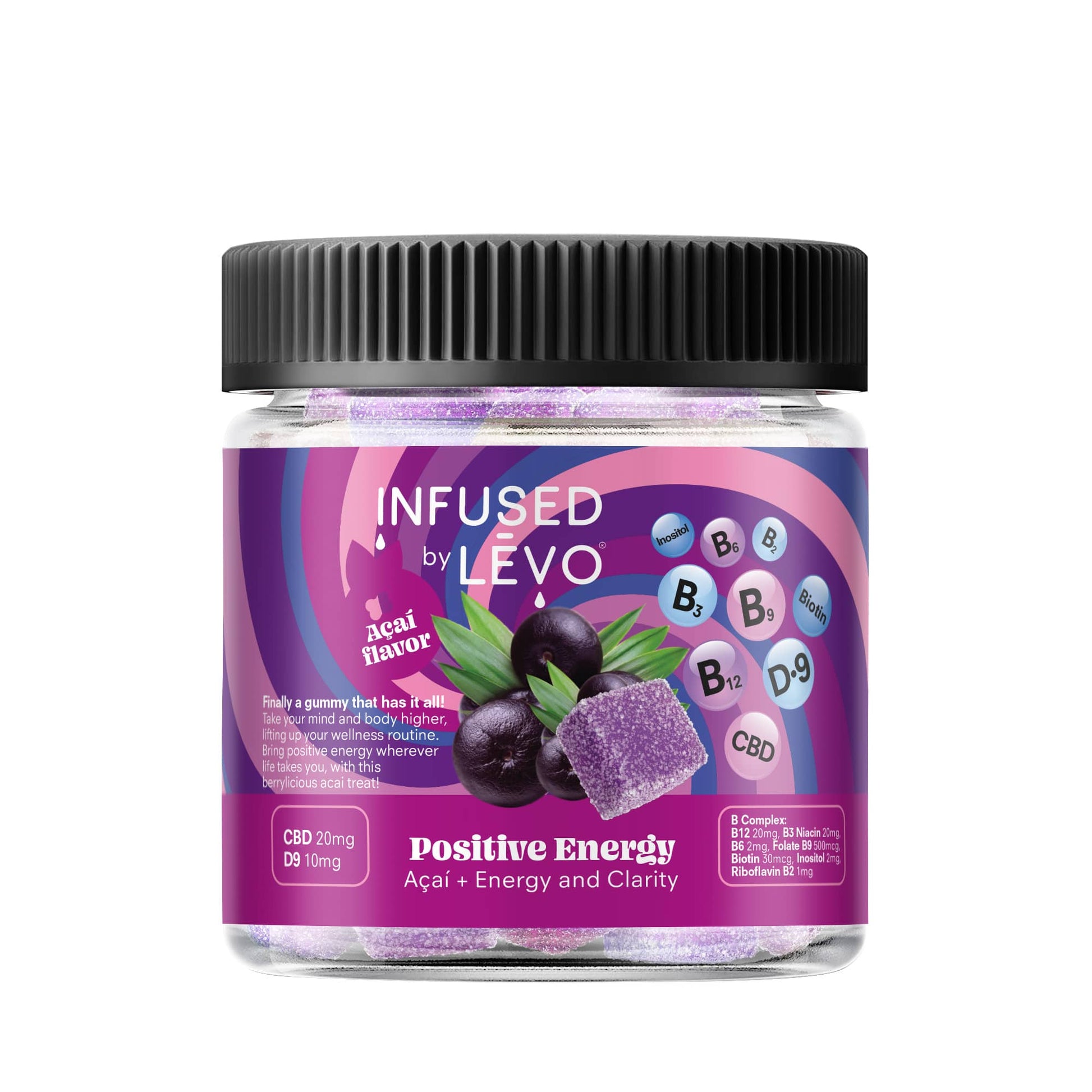 Infused by LEVO Positive Energy Gummies acai flavored for energy and clarity. Closed bottle.