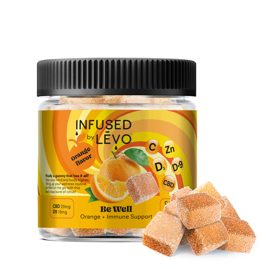 Infused by LEVO Be Well Gummies orange flavored with immunity support. Closed bottle with gummies.