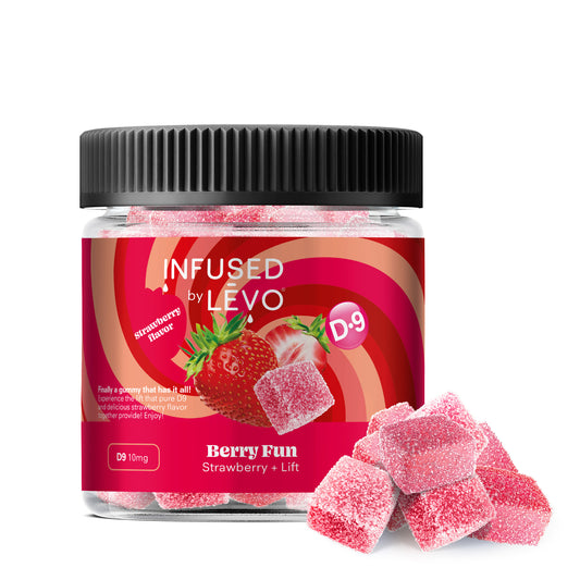 Infused by LEVO Berry Fun Gummies with D-9. Closed bottle with group of gummies.