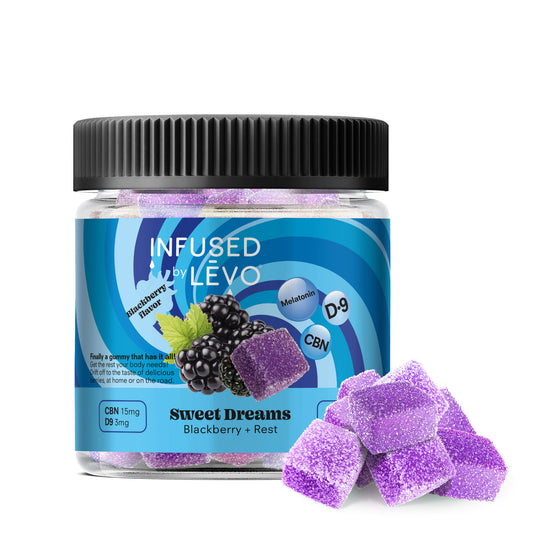 Infused by LEVO Sweet Dreams Gummies blackberry flavored for rest. One bottle of gummies.