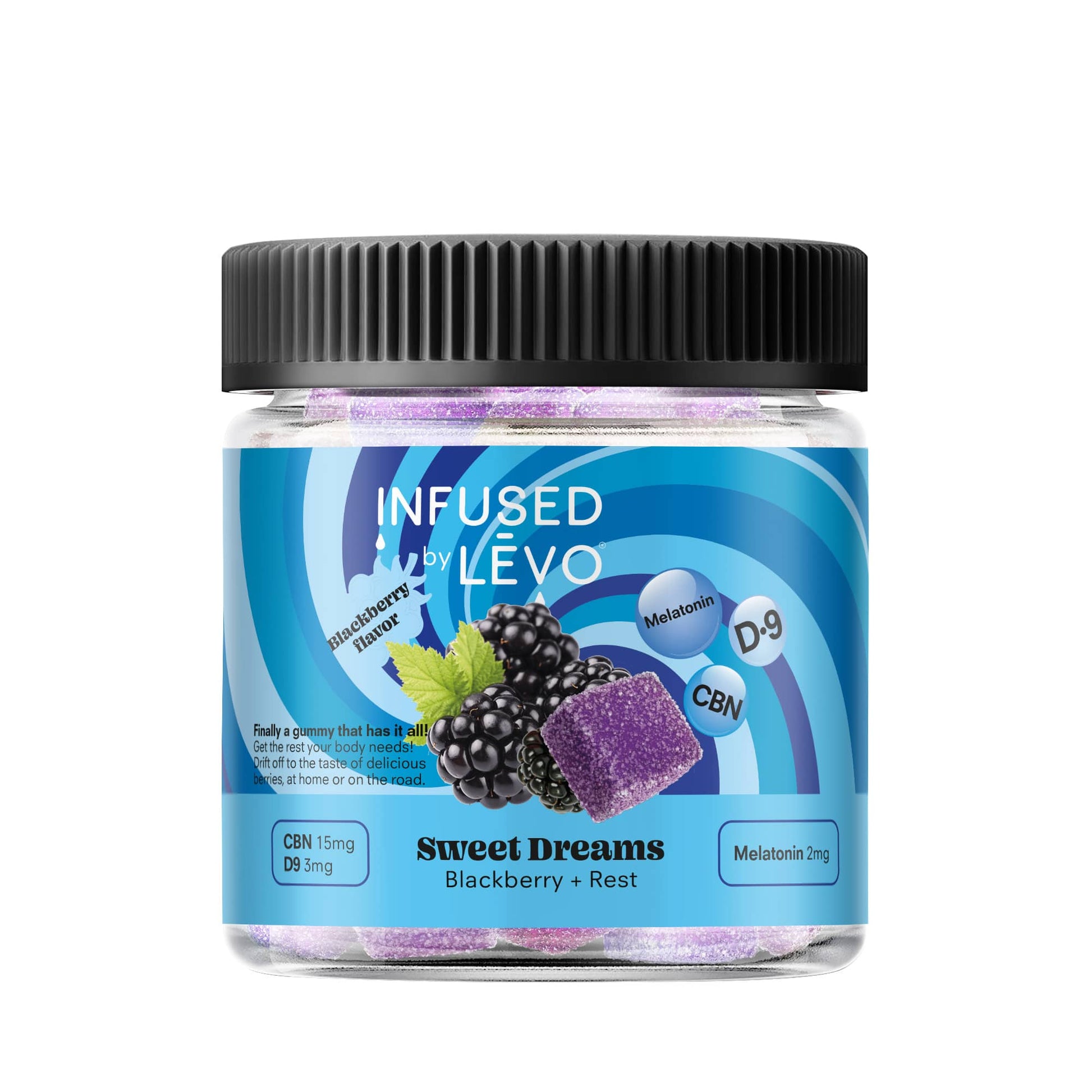 Infused by LEVO Sweet Dreams Gummies blackberry flavored for rest. Closed bottle.