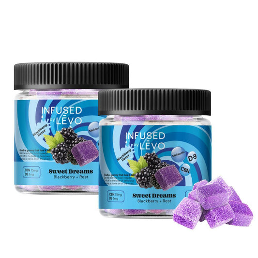 Infused by LEVO Sweet Dreams Gummies blackberry flavored for rest. Two bottles of gummies.
