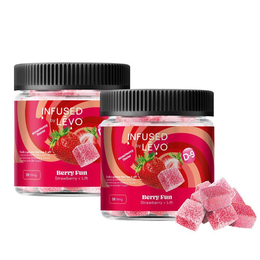 Infused by LEVO Berry Fun Gummies with D-9. Two bottles of gummies.