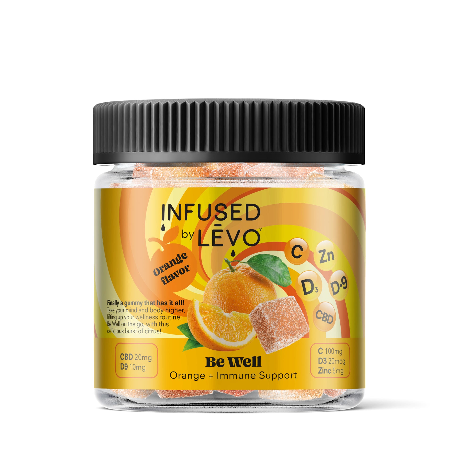 Infused by LEVO Be Well Gummies orange flavored with immunity support. Bottle of gummies.