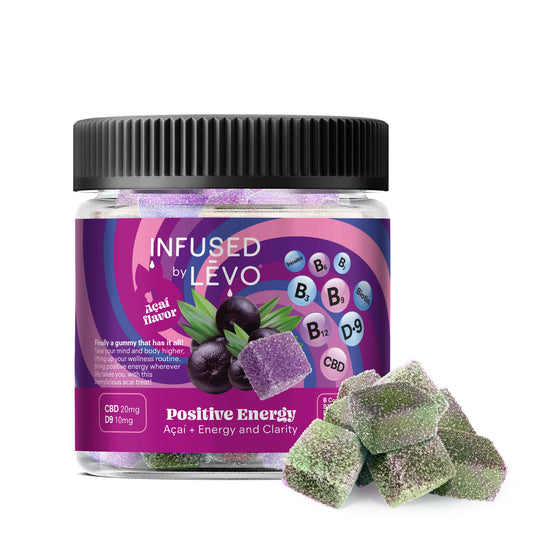 Infused by LEVO Positive Energy Gummies acai flavored for energy and clarity. Closed bottle with group of gummies.